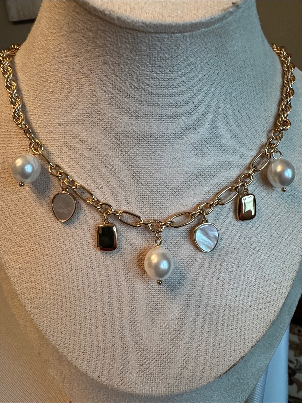 Loft Gold Chain Necklace with Pearl and Mother-of-Pearl Charms